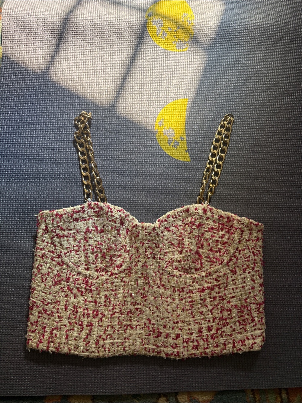Alice + Olivia Pink and Cream Tweed Bustier with Gold Chain Straps